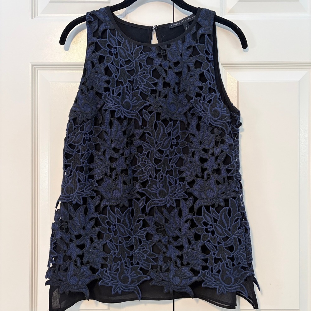 White House Black Market Navy Black Floral Lace Sleeveless Top Size 2